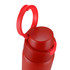A drink bottle in vibrant red with a wide mouth and a looped handle on the lid. It features a logo.