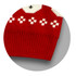 A red knitted jumper featuring white patterns, with a ribbed hem and a logo present on the fabric.
