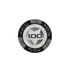 A black and silver poker chip featuring a central star design and numeric value of 100, with a decorative edge.