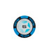 A round poker chip featuring a silver centre with the number 5, surrounded by blue and black details and a logo.