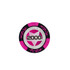 A round poker chip with pink, black, and silver colours, featuring a star design and the number 2000.