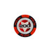A clay poker chip featuring a red and black design with a central silver star and "200" prominently displayed.