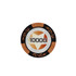 A clay poker chip in orange, black, and silver, featuring a large "10000" at the centre and a decorative pattern.