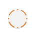 A round poker chip in white with orange accents on the edges. It has a smooth surface and no text.