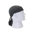 A grey cycling bandana hat displayed on a mannequin head, featuring a breathable material and a trailing tail.
