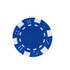 A blue poker chip with white accents and various inlaid designs. It features a logo in the centre.