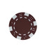 A brown poker chip featuring white accents and various designs around the edge, including dots and squares.