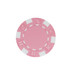 A pink poker chip featuring white accents and dice designs. It has a circular shape and includes a logo.