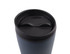 A drink bottle featuring a navy exterior and a black spill-proof lid, with a logo on the surface.