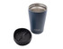 A drink bottle featuring a navy blue exterior and a stainless steel interior, with a black lid.