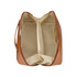 A tan toiletry bag with a zip closure featuring a cream interior and two compartments for organizing essentials.