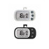 Two ambient thermometers in white and black, featuring digital displays and buttons, each with a hook for hanging.
