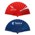 A foldable fan featuring red and blue ribs, with logos from two brands on each side.