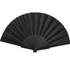 A black RPET foldable fan featuring coloured ribs and a central pivot, with a logo visible on the design.