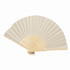 A bamboo hand fan in natural beige with intricate cut-out patterns and a curved handle.