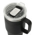 A drink bottle in black with a clear lid and a stainless-steel rim, featuring a handle and a logo.