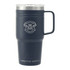 A drink bottle with a navy exterior, stainless steel lid, and a handle, featuring a logo.