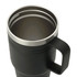 A drink bottle in matte black with a stainless steel rim and a sturdy handle. It features a logo on the body.