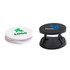 Two round phone holders in white and black, each featuring a logo on the top surface.