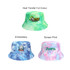 A tie-dye bucket hat featuring green, blue, and pink patterns, with various designs and a logo.