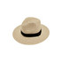 A straw sun hat in a beige colour with a black band around the base. It has a wide brim for sun protection.