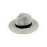 A Panama beach sun hat in light grey with a black ribbon band. Features a wide-brimmed straw design.