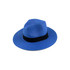 A blue Panama beach sun hat featuring a black band and a wide brim. It has a textured woven design.