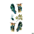 A waterproof temporary tattoo featuring green and blue birds, alongside leaves and a splash of water, sized 4cm x 6cm.