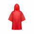 A red poncho with a hood, designed for kids, featuring a simple, lightweight design. It has a logo on it.