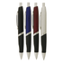 A collection of four metal pens in black, blue, red, and silver, featuring a rubber grip and a logo.