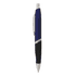 A metal pen with a blue and black design, featuring a rubber grip and a chrome clip, alongside branding.