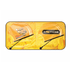 A foldable car sun visor in bright yellow featuring a logo and a sun design.