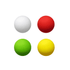 Bouncy Ball set featuring four vibrant balls in white, red, green, and yellow, each with a smooth surface and a logo.