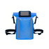 A waterproof crossbody handlebar bag in bright blue with reflective strips and black straps. Features a clear pocket.