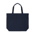 A navy tote bag featuring three pockets and two handles, with a simple design and a logo.