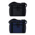 A cooler bag in black and navy, featuring a zip closure and mesh side pockets, with an adjustable strap.