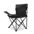 A black folding chair featuring a lightweight frame and fabric seat, designed for easy portability.