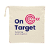 A drawstring bag in cream colour with a logo featuring a target design and text.