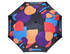 A full-colour promotional umbrella featuring a bold design with orange, purple, and blue graphics on a black background.
