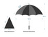 A black golf umbrella with a grey panel design, featuring dimensions for both the umbrella and a panel.