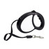 A black retractable dog lead with a handle and a clip for attachment. The lead has a solid casing and a nylon strap.