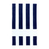 A striped beach towel featuring navy blue and white colours, with a branded logo on it.