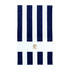 A beach towel with navy and white stripes, featuring a circular logo at the centre.