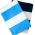 Two beach towels displayed, one with blue and white stripes and the other in navy and white stripes. Both have a logo.