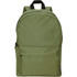 An olive green laptop backpack with a front pocket and a black strap, featuring a logo on the side.