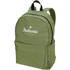A green laptop backpack with padded straps and a front pocket, featuring a logo on the front.
