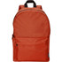 An orange backpack with a simple design, featuring a front pocket and adjustable straps. It has a logo on the side.