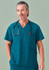 A unisex teal V-neck scrub top with two pockets and a stethoscope around the neck. The top has a logo.