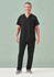 A unisex black V-neck scrub top paired with matching black pants, modelled by a smiling man. The outfit has a logo.