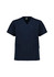 A navy unisex V-neck scrub top with short sleeves and multiple pockets. It features a branding logo.